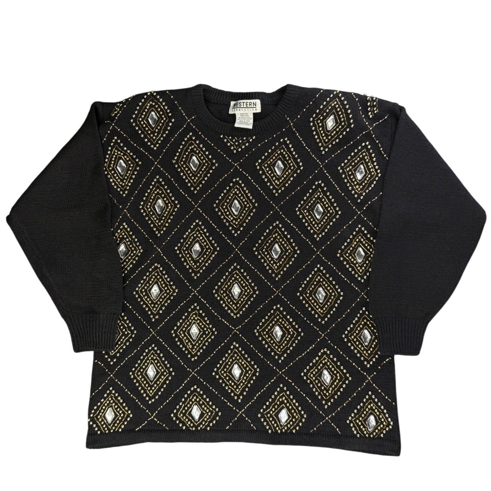 Vintage‎ Western Connection Beaded Sweater Black Gold Diamond Knit Womens Medium